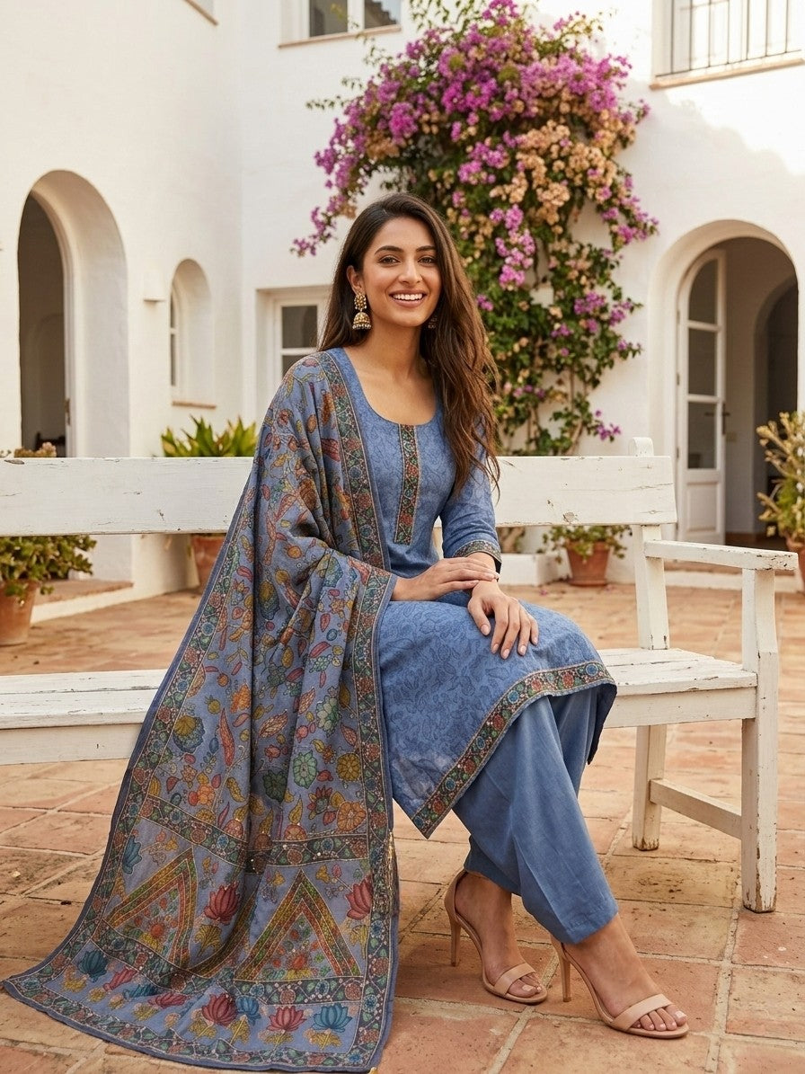 Blue Salwar Kameez with Kantha Work Dupatta & Plain Bottom