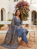 Blue Salwar Kameez with Kantha Work Dupatta & Plain Bottom