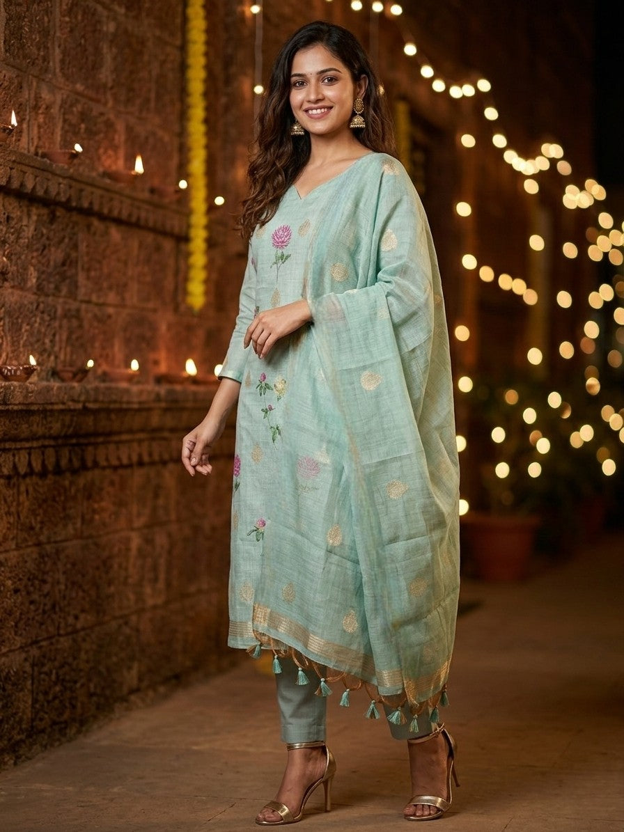 Green Jamdani Silk Floral Printed Unstitched Salwar Kameez Suit