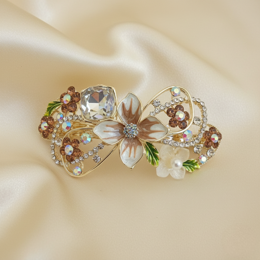 Gold-tone floral hair barrette with brown pearls and crystals, enamel petals, decorative hair clip for weddings, parties, and everyday hairstyles.