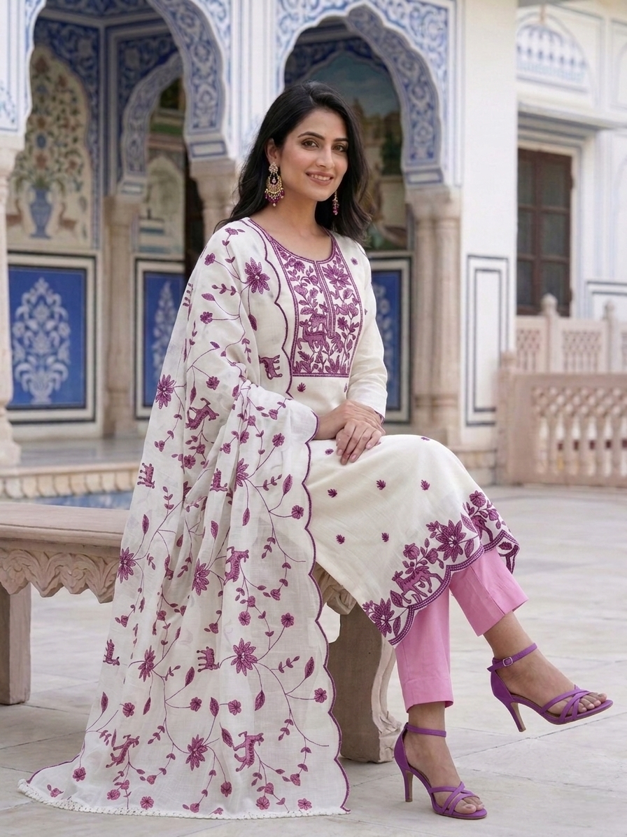 White Kota Doria Salwar Kameez Suit with Muave Embroidery