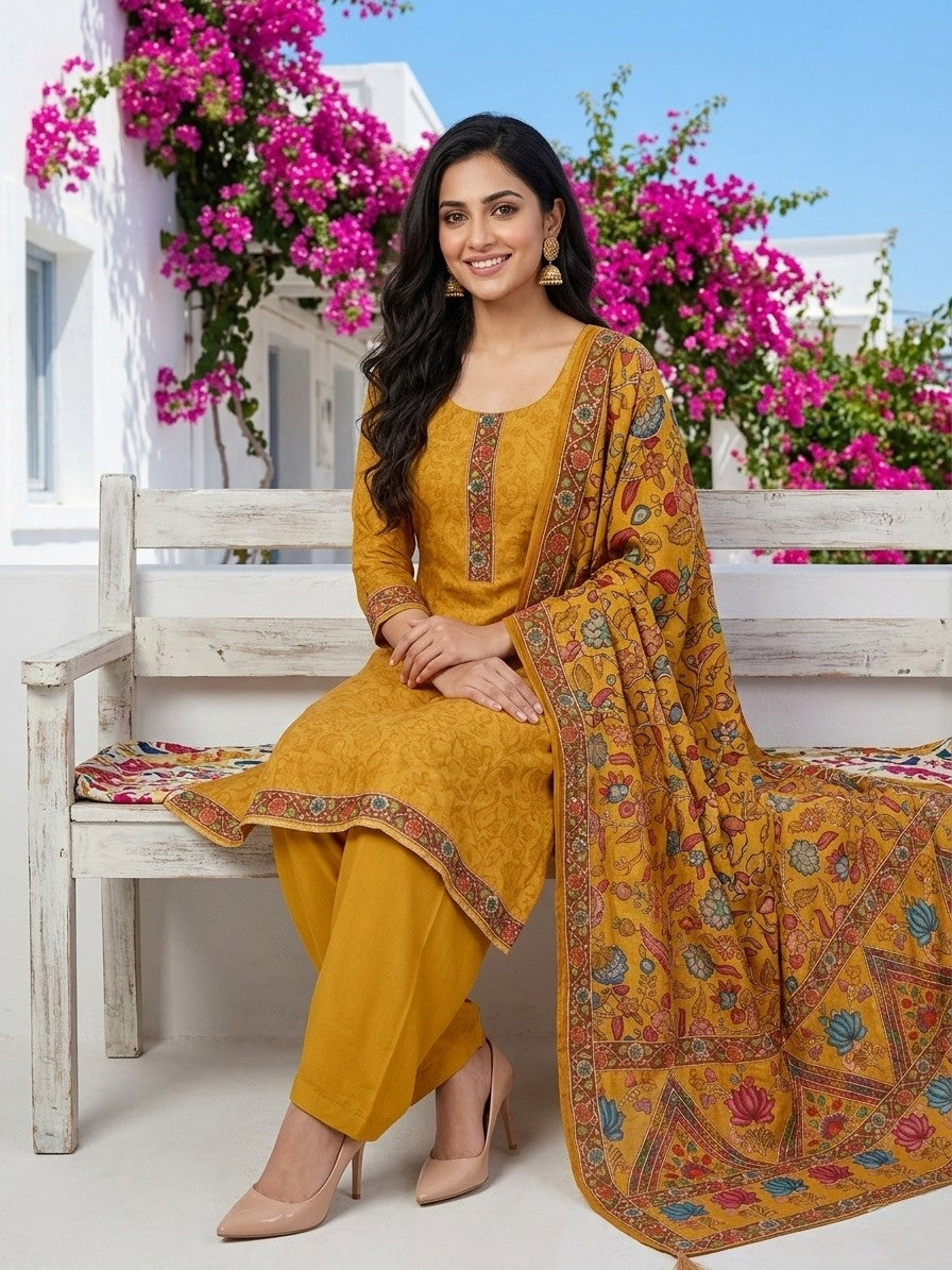 Mustard Yellow Salwar Kameez with Kantha Work Dupatta & Plain Bottom