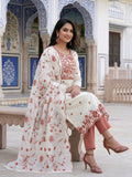 White Kota Doria Salwar Kameez Suit with Creamy Peach Embroidery