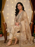 Cream Organza Unstitched Salwar Kameez with Embroidered Neck & Santoon Bottom
