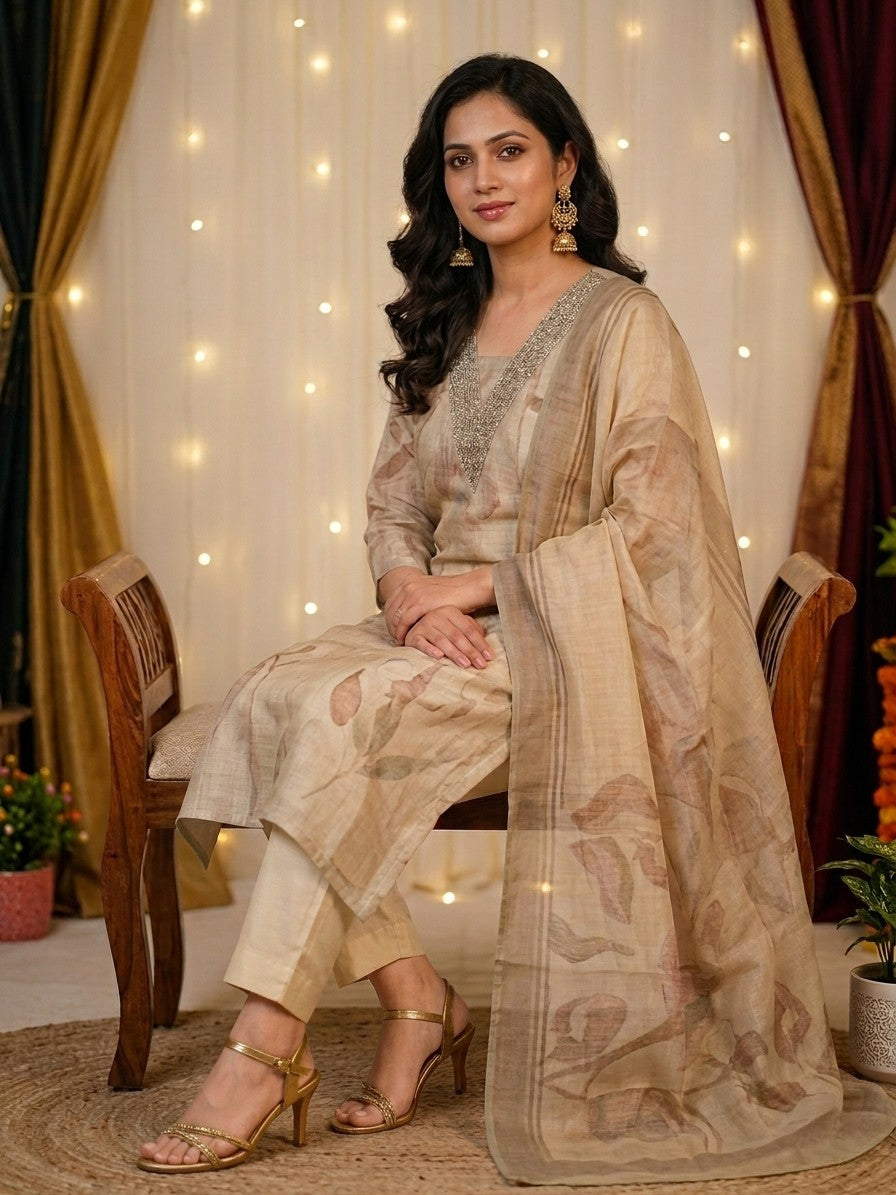 Cream Organza Unstitched Salwar Kameez with Embroidered Neck & Santoon Bottom