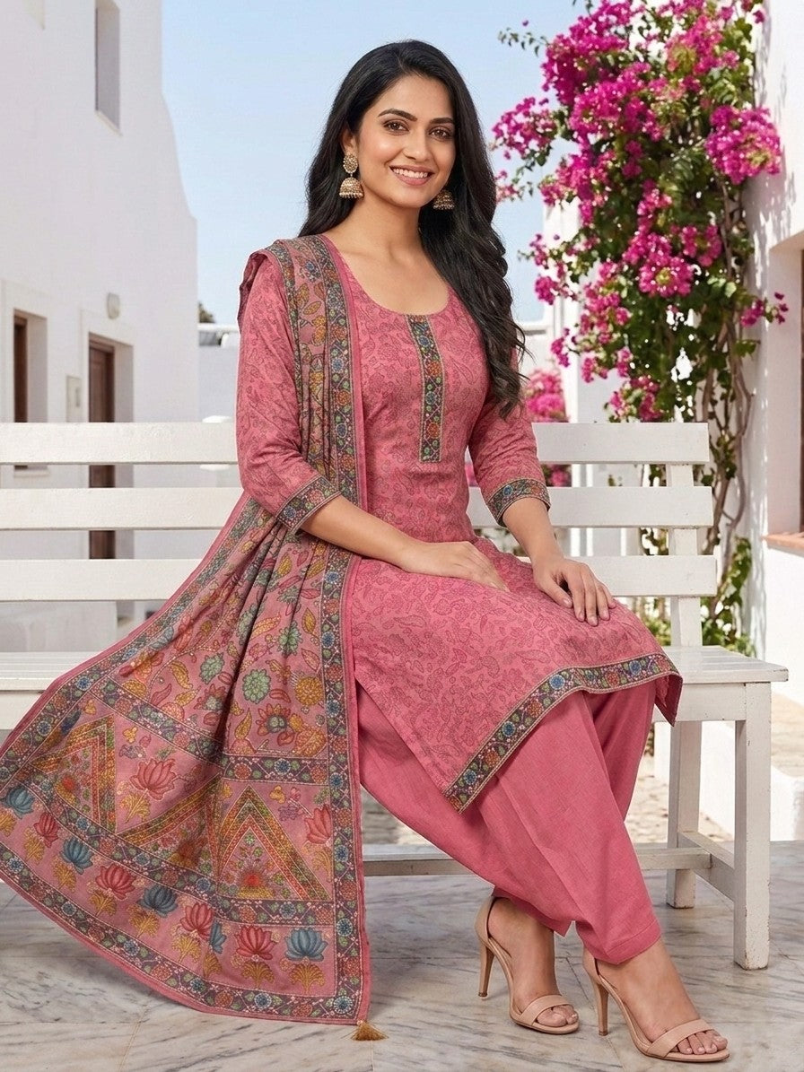 Pink Salwar Kameez with Kantha Work Dupatta & Plain Bottom
