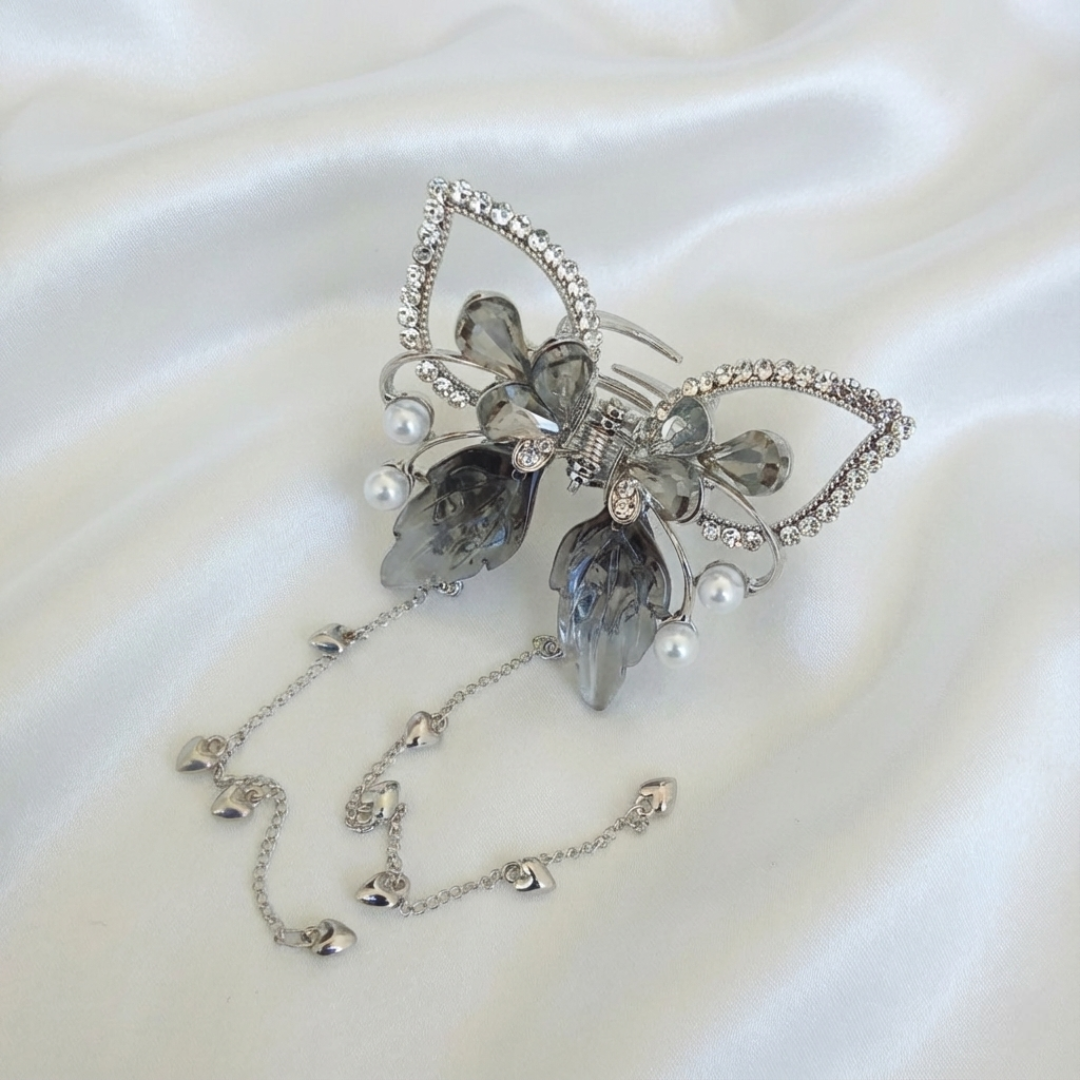 Silver-Tone Butterfly Hair Claw Clip with Black Wings, White Pearls, Crystal Accents & Dangling Heart Chain by Ladylike Accoutre.