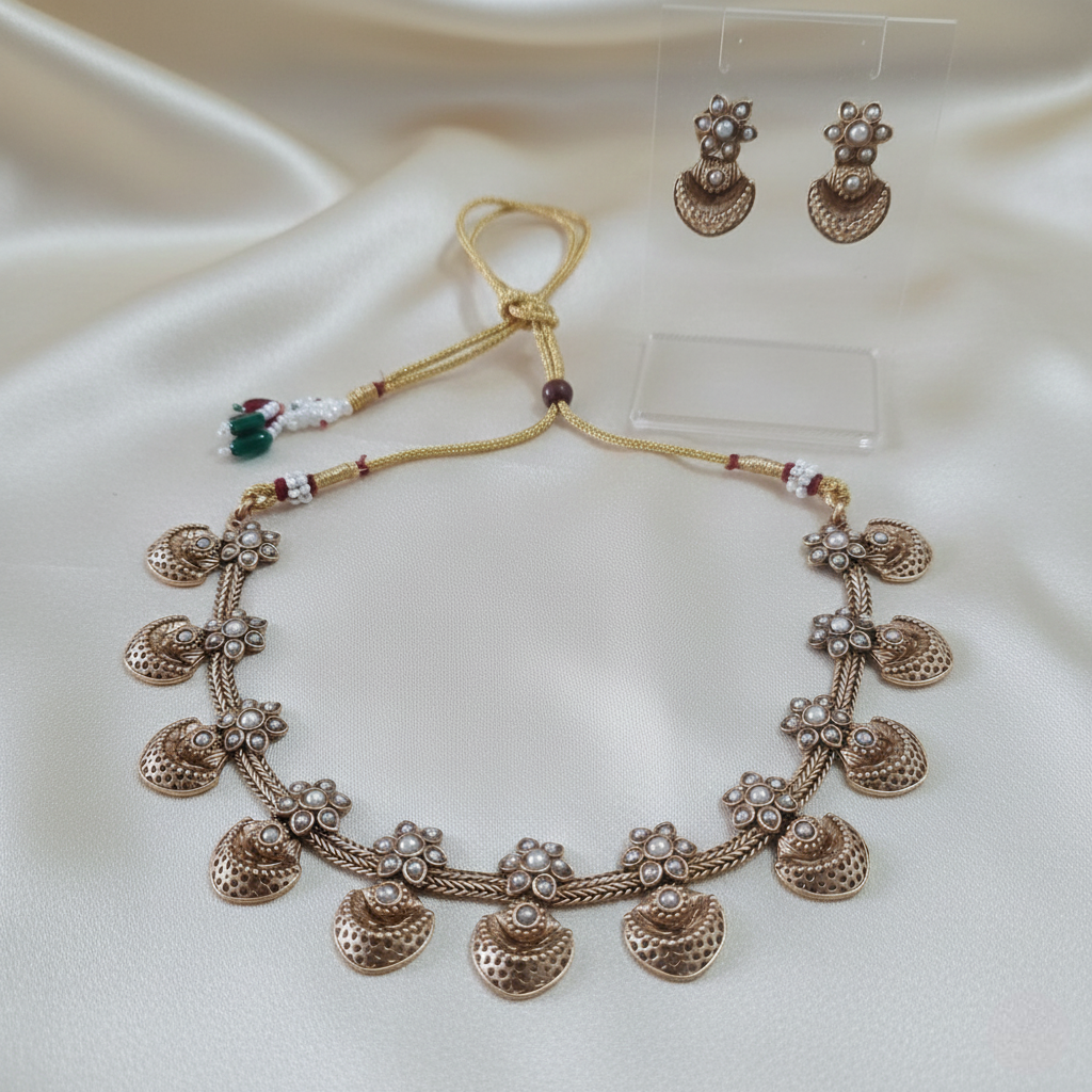 Elegant Gold-Tone Pearl White Choker Jewellery Set with Matching Earrings