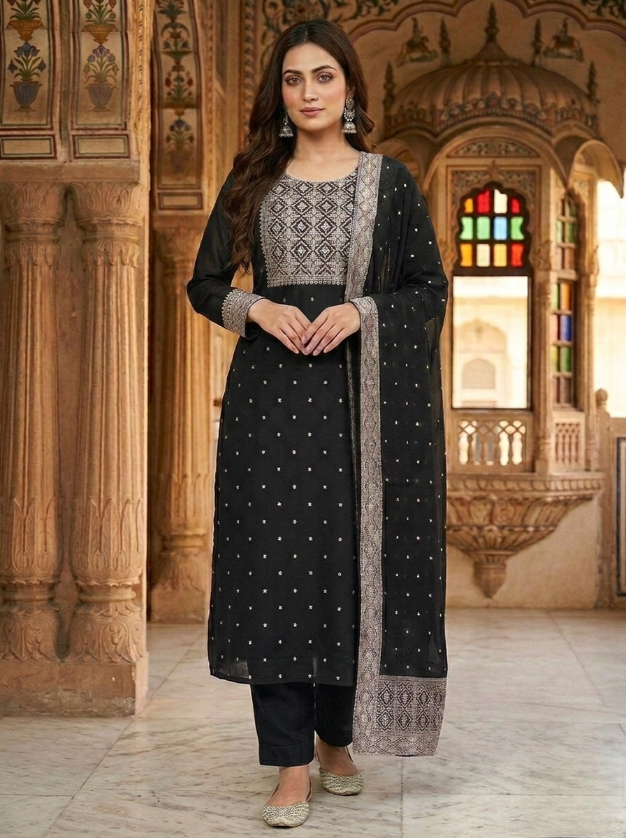 Black Semi-Georgette Dola Unstitched Salwar Kameez Suit
