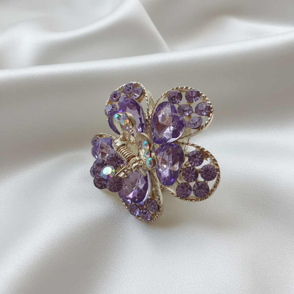 Gold-Tone Crystal Flower Hair Claw Clip – Purple
