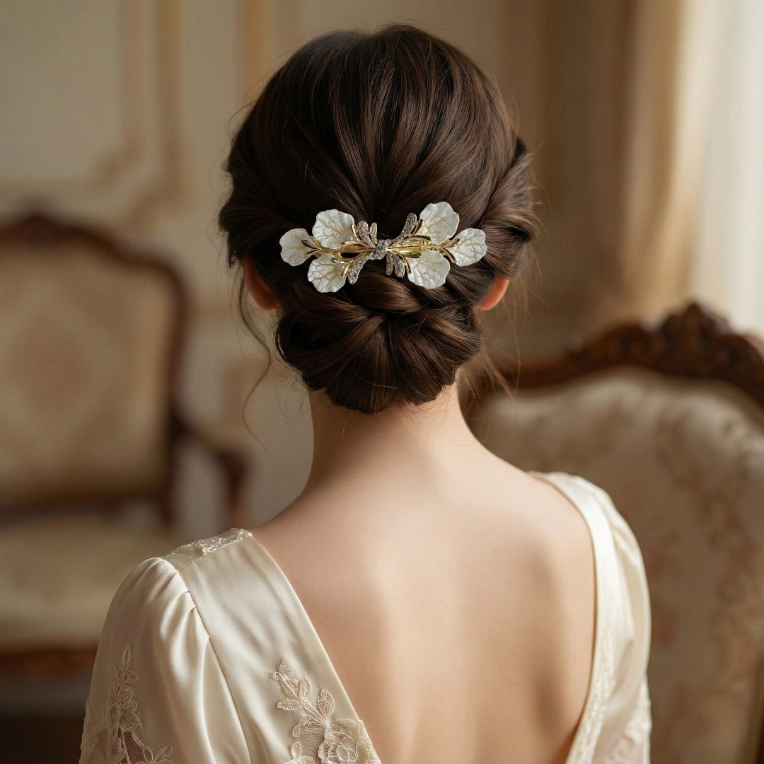 Gold-Tone White Leaf Hair Barrette with Crystals – Hair Clip