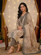 Dusty Grey Organza Unstitched Salwar Kameez with Embroidered Neck & Santoon Bottom