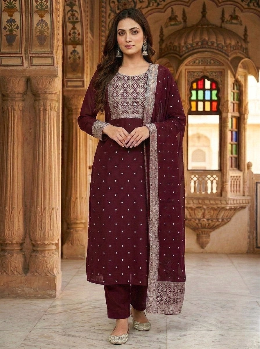 Maroon Semi-Georgette Dola Unstitched Salwar Kameez Suit