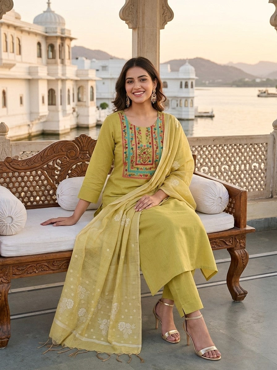 Yellowish-Green Jamdani Silk Salwar Kameez Suit with Hand-Embroidered Floral Neckline