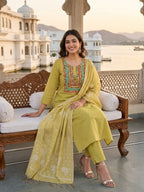Yellowish-Green Jamdani Silk Salwar Kameez Suit with Hand-Embroidered Floral Neckline