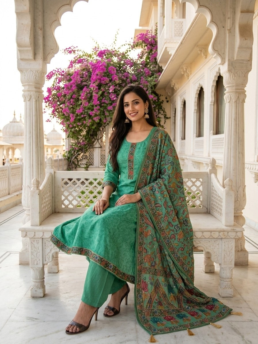 Green Salwar Kameez with Kantha Work Dupatta & Plain Bottom