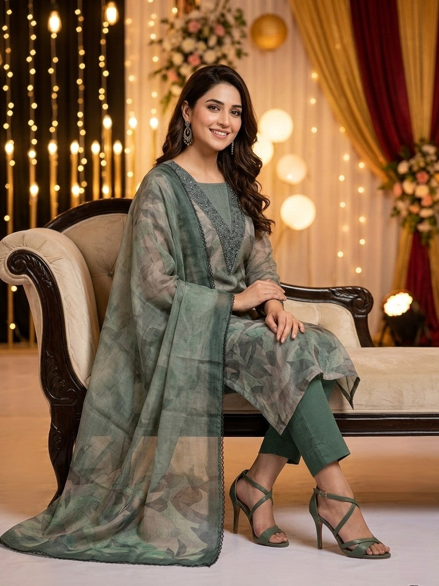 Sage Green Organza Unstitched Salwar Kameez with Embroidered Neck & Santoon Bottom