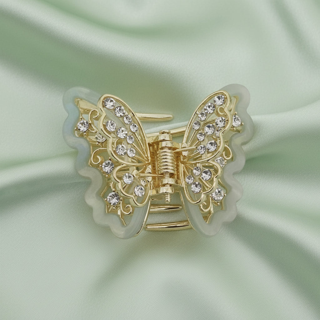 Gold-Tone Crystal Embellished Butterfly Hair Claw Clip – Green
