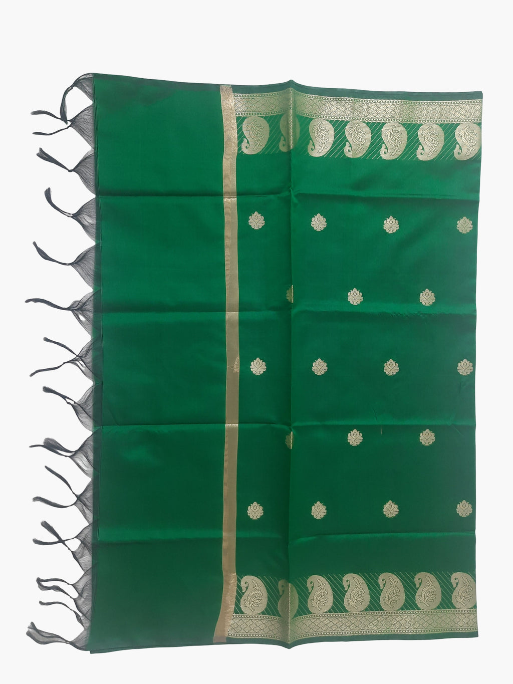 A Banarasi-inspired Geen Art Silk Dupatta with Tassels by Ladylike Accoutre, displayed on a clean white background. Features gold zari butti floral motifs and an intricate paisley border.