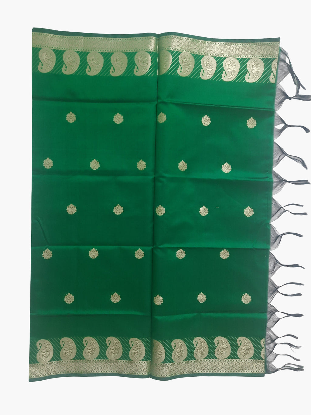 A Banarasi-inspired Geen Art Silk Dupatta with Tassels by Ladylike Accoutre, displayed on a clean white background. Features gold zari butti floral motifs and an intricate paisley border.