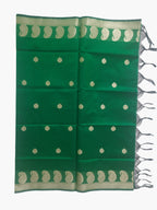 A Banarasi-inspired Geen Art Silk Dupatta with Tassels by Ladylike Accoutre, displayed on a clean white background. Features gold zari butti floral motifs and an intricate paisley border.