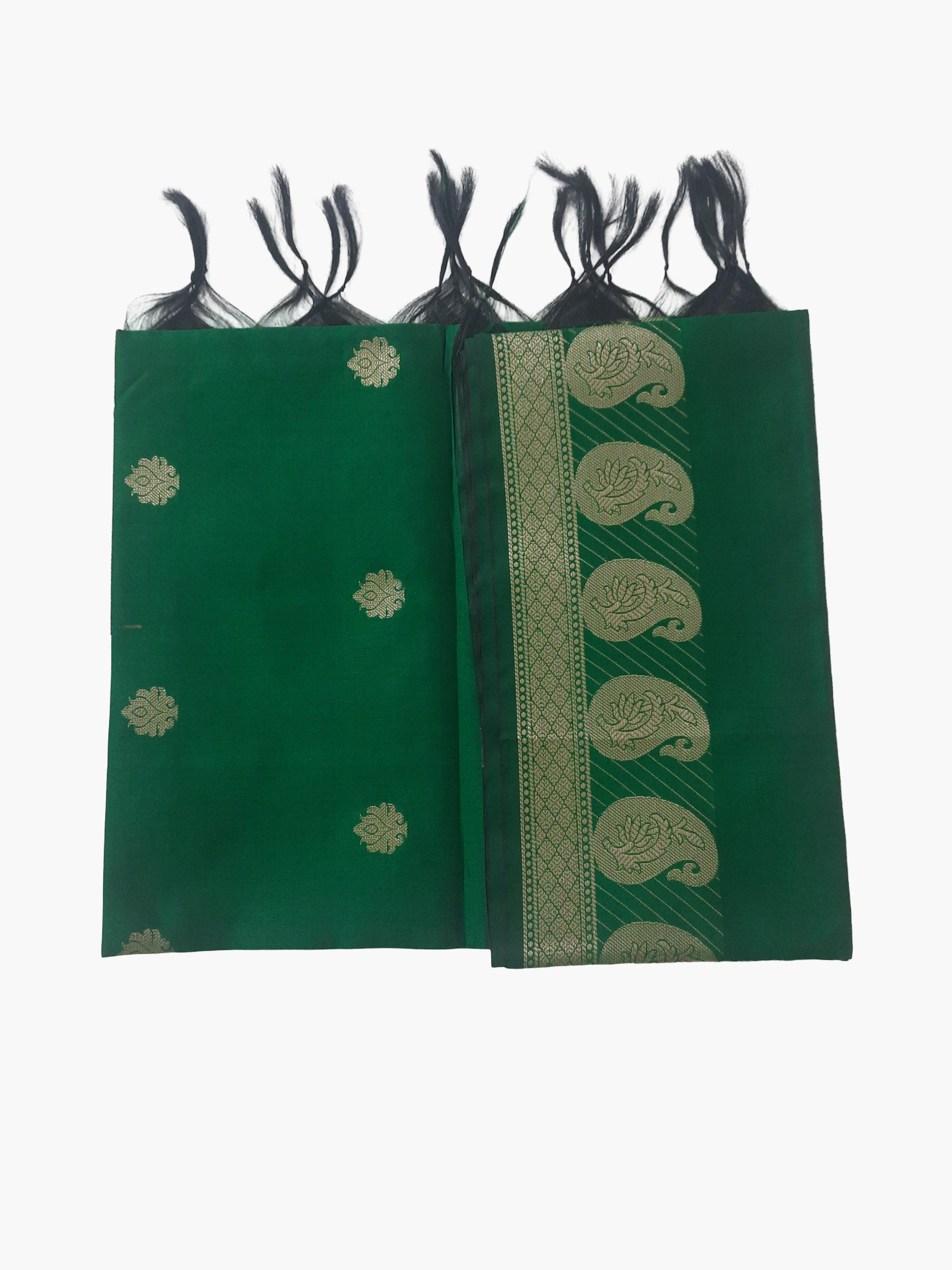 A Banarasi-inspired Green Art Silk Dupatta with Tassels by Ladylike Accoutre, displayed on a clean white background. Features gold zari butti floral motifs and an intricate paisley border.