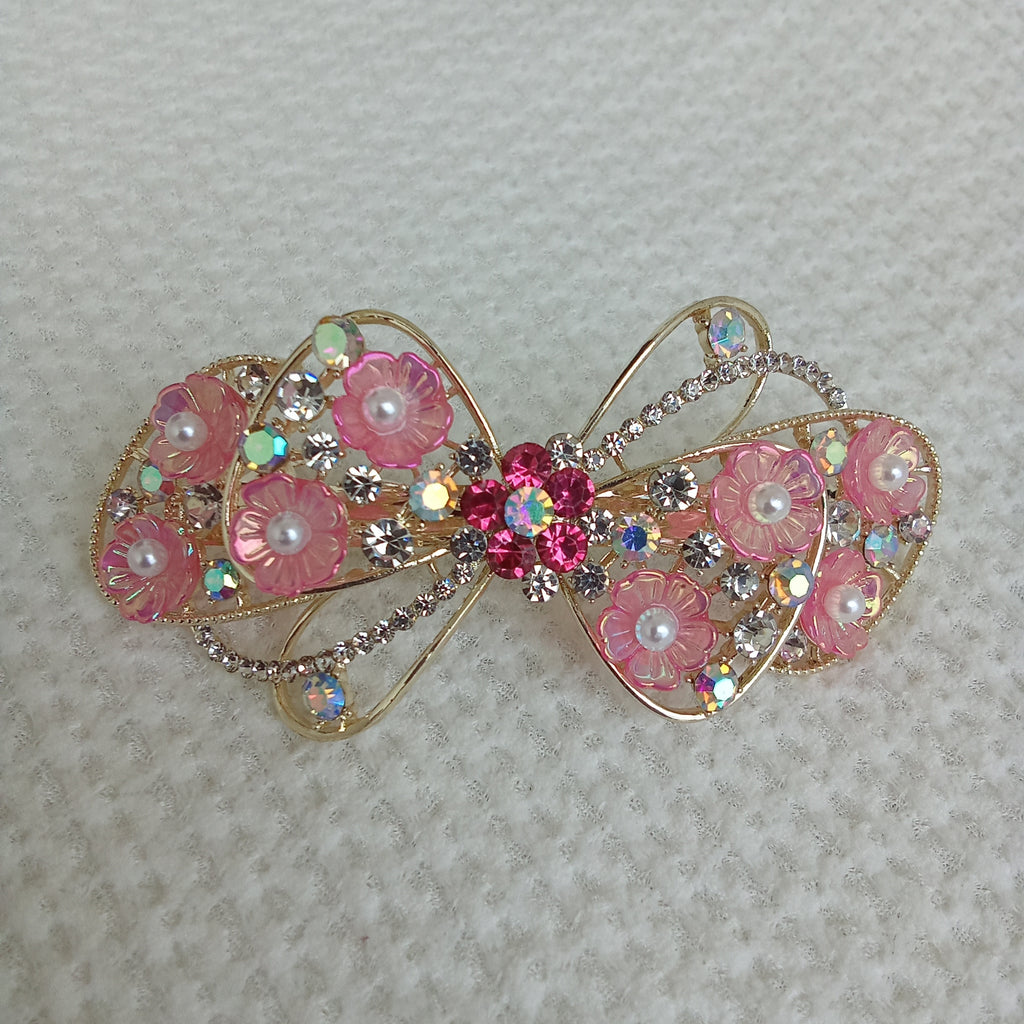 Gold-Tone Red Floral Bow Barrette – Pearl & Crystal Hair Clip