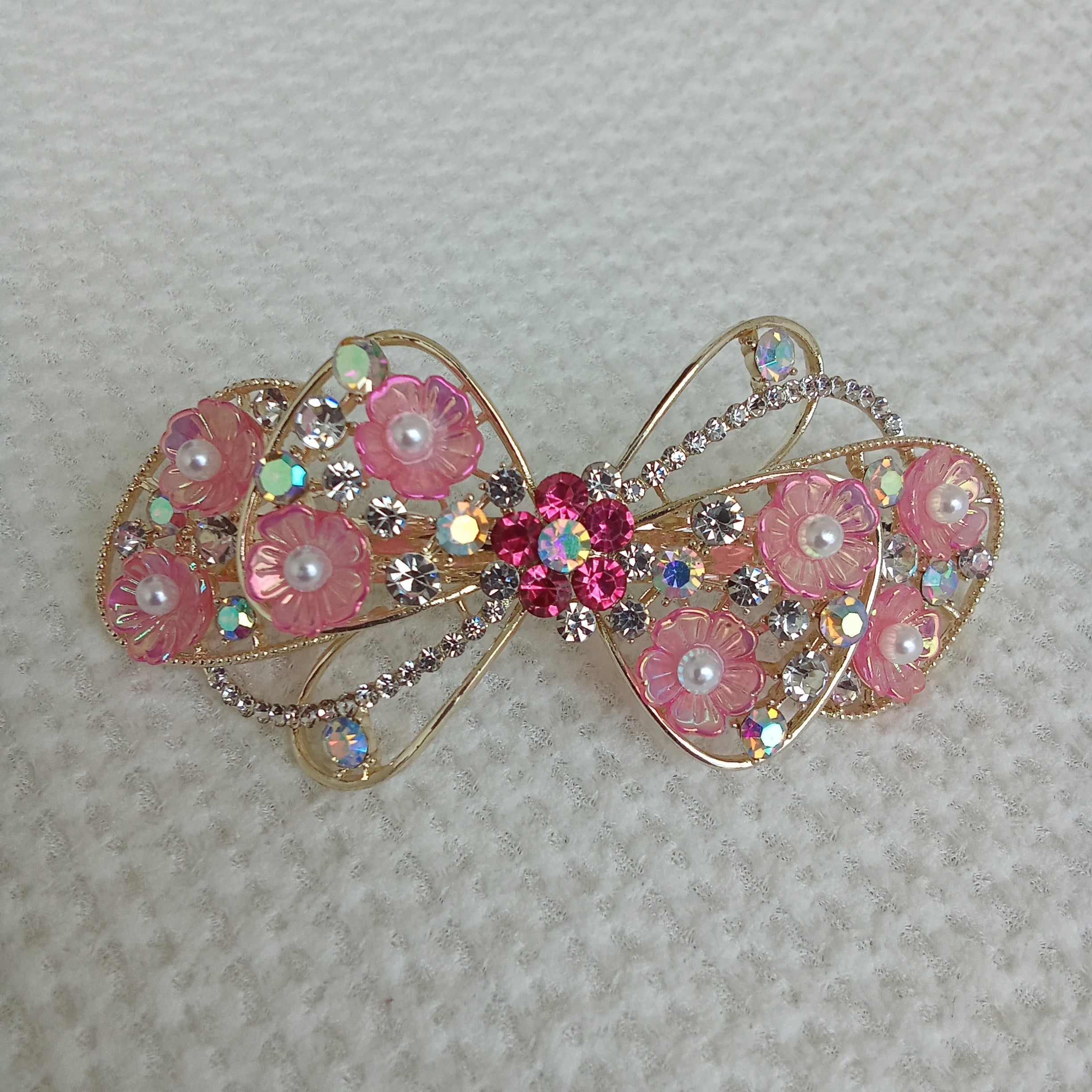 Gold-Tone Red Floral Bow Barrette – Pearl & Crystal Hair Clip