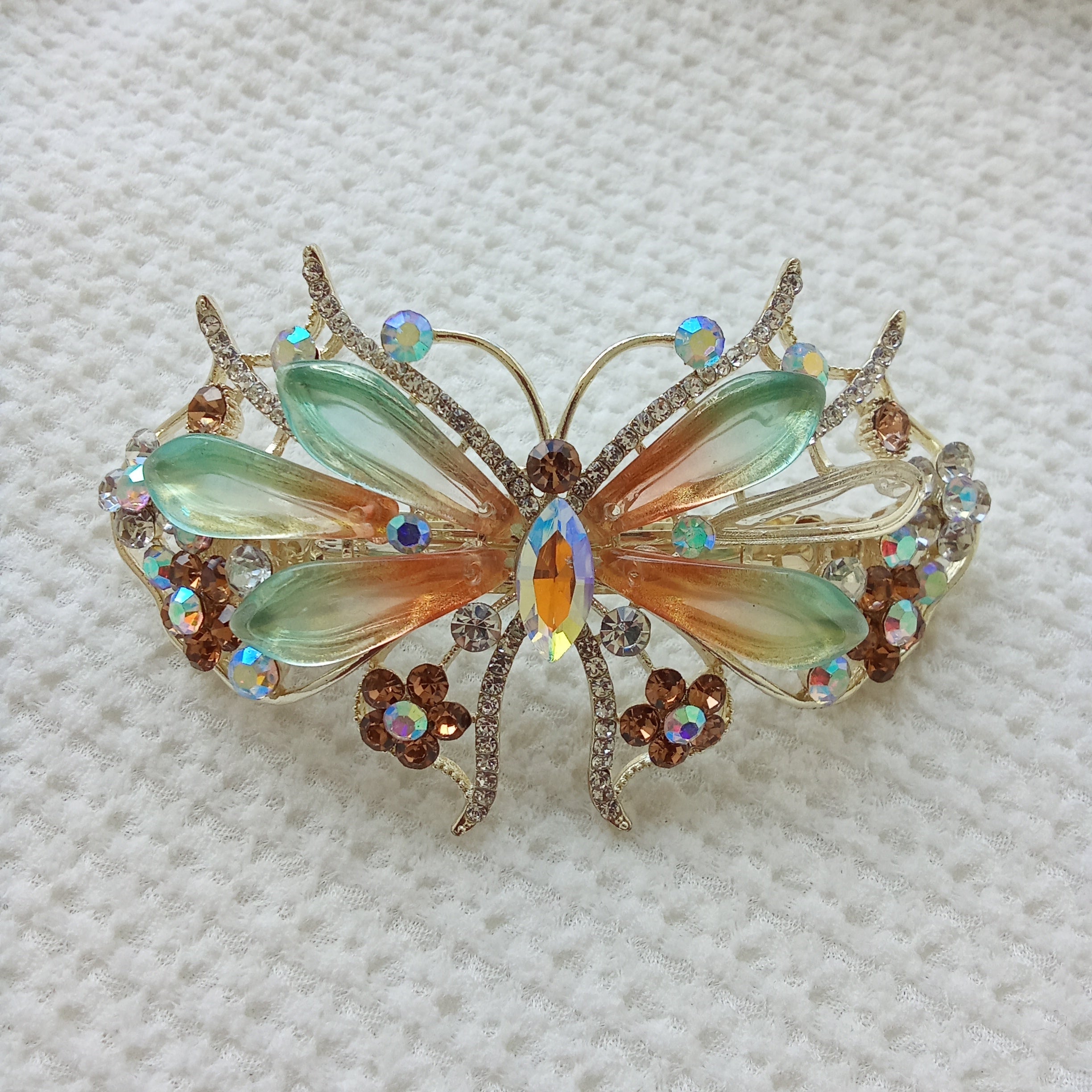 Gold-Tone Crystal Butterfly Barrette with Gradient Green & Amber Wings - Hair Clip
