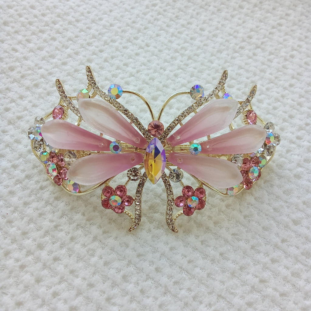 Gold-Tone Crystal Butterfly Barrette with Gradient Pink Wings - Hair Clip