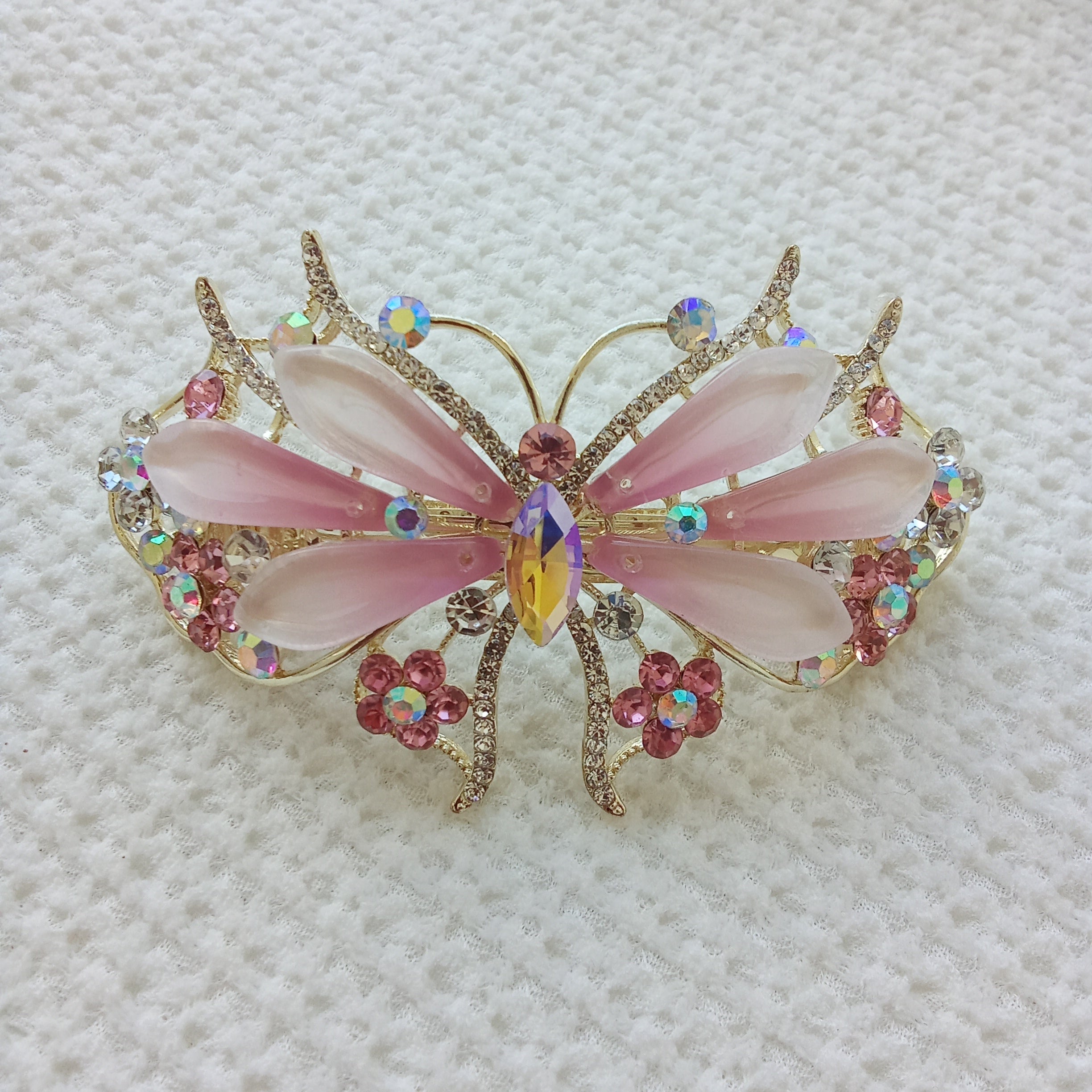Gold-Tone Crystal Butterfly Barrette with Gradient Pink Wings - Hair Clip