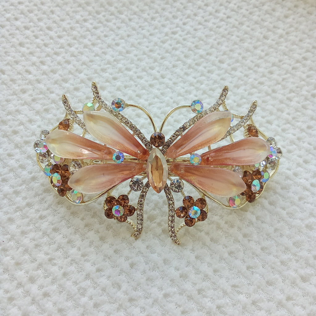 Gold-Tone Crystal Butterfly Barrette with Gradient Peach Wings - Hair Clip