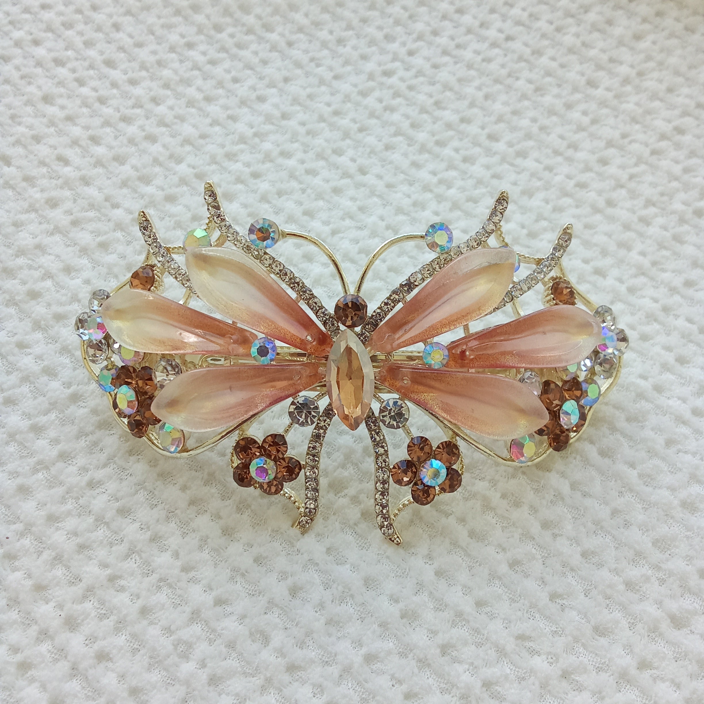 Gold-Tone Crystal Butterfly Barrette with Gradient Peach Wings - Hair Clip