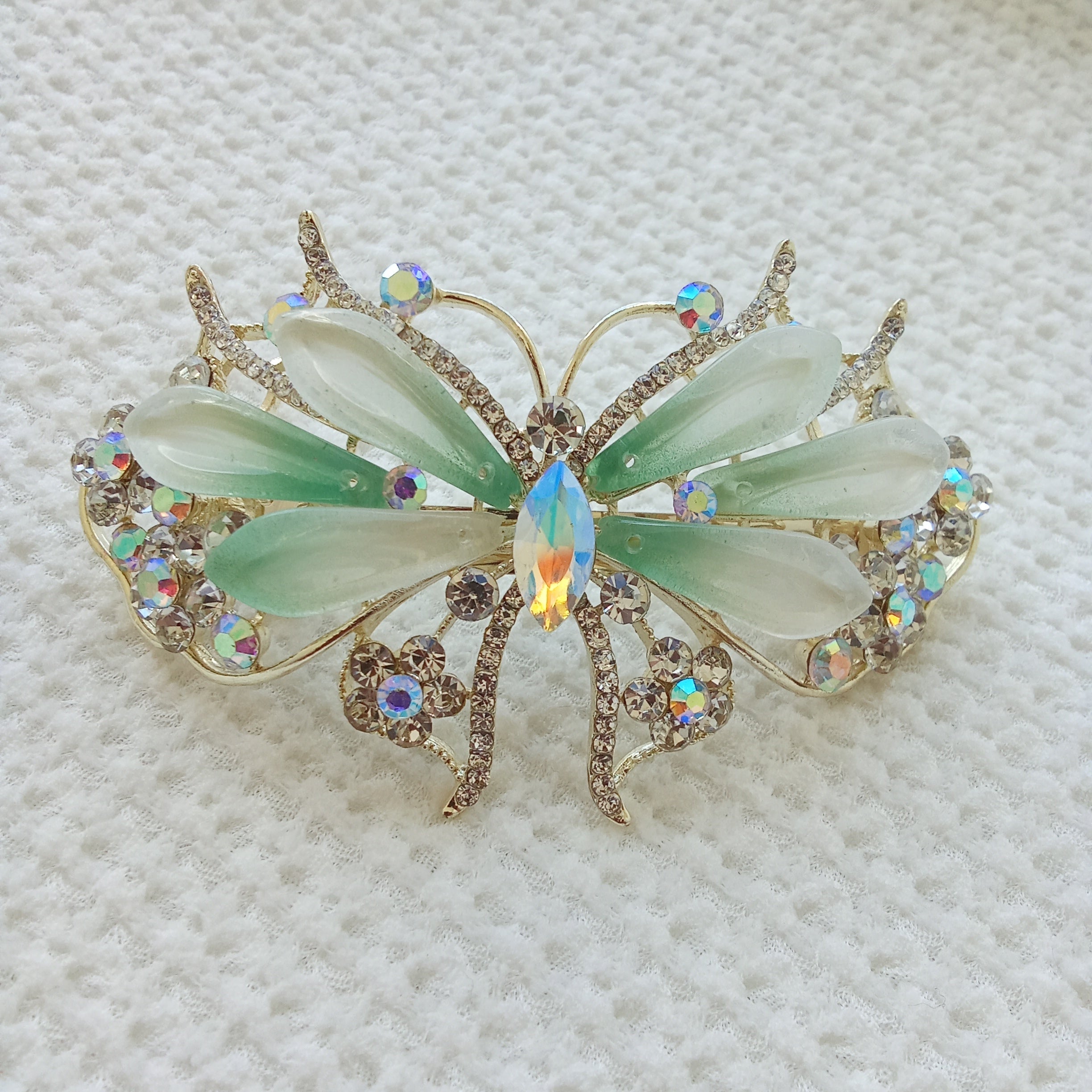Gold-Tone Crystal Butterfly Barrette with Gradient Green Wings - Hair Clip