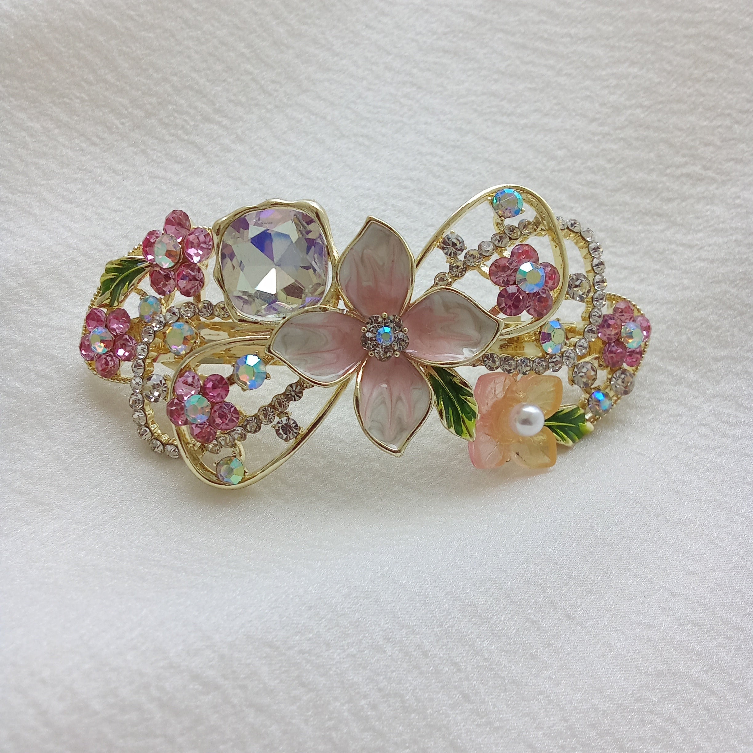 Gold-Tone Floral Barrette with Pink Pearls & Crystals – Hair Clip