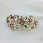 Gold-Tone Floral Barrette with Brown Pearls & Crystals – Hair Clip