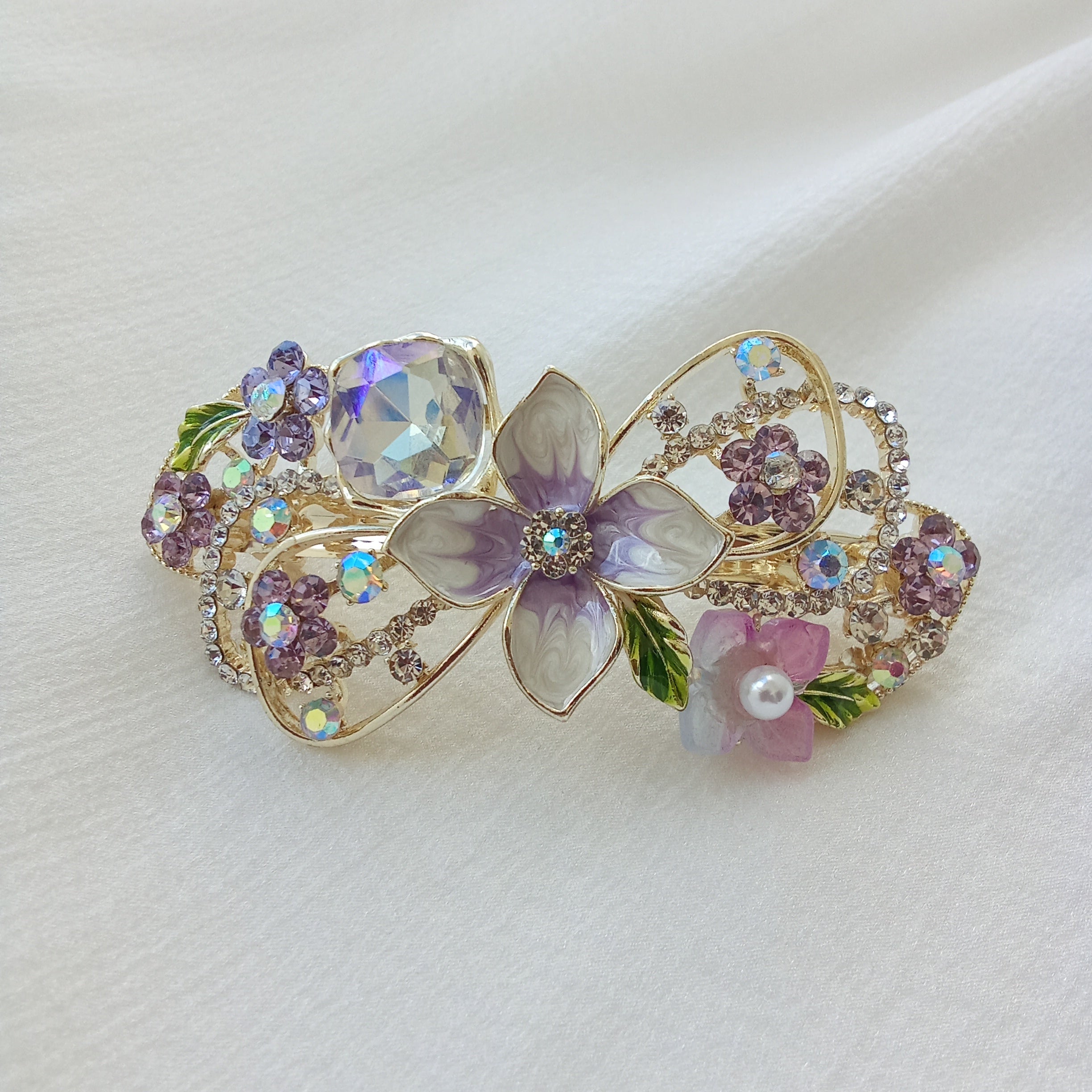 Gold-Tone Floral Barrette with Lavender Pearls & Crystals – Hair Clip