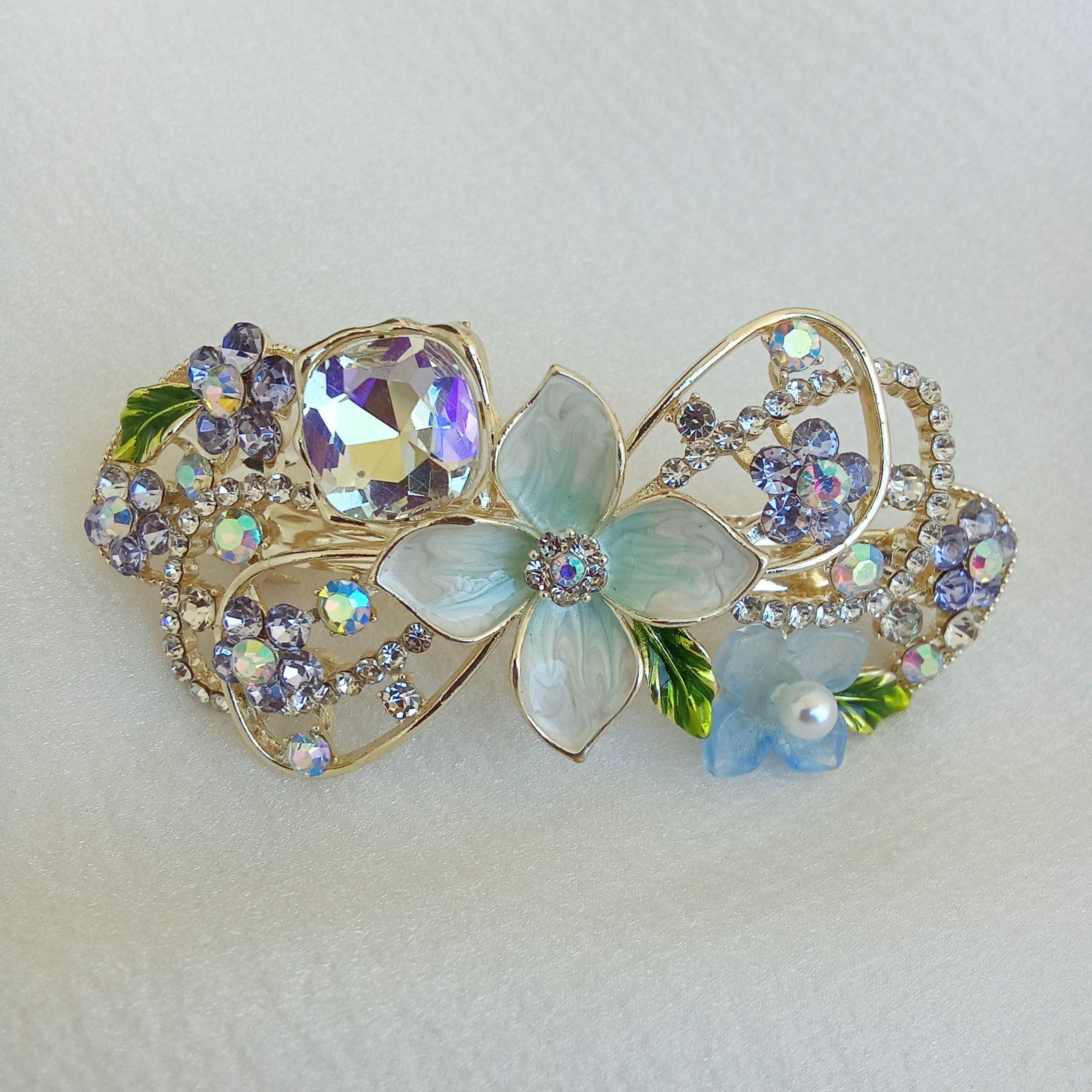 Gold-Tone Floral Barrette with Blue Pearls & Crystals – Hair Clip