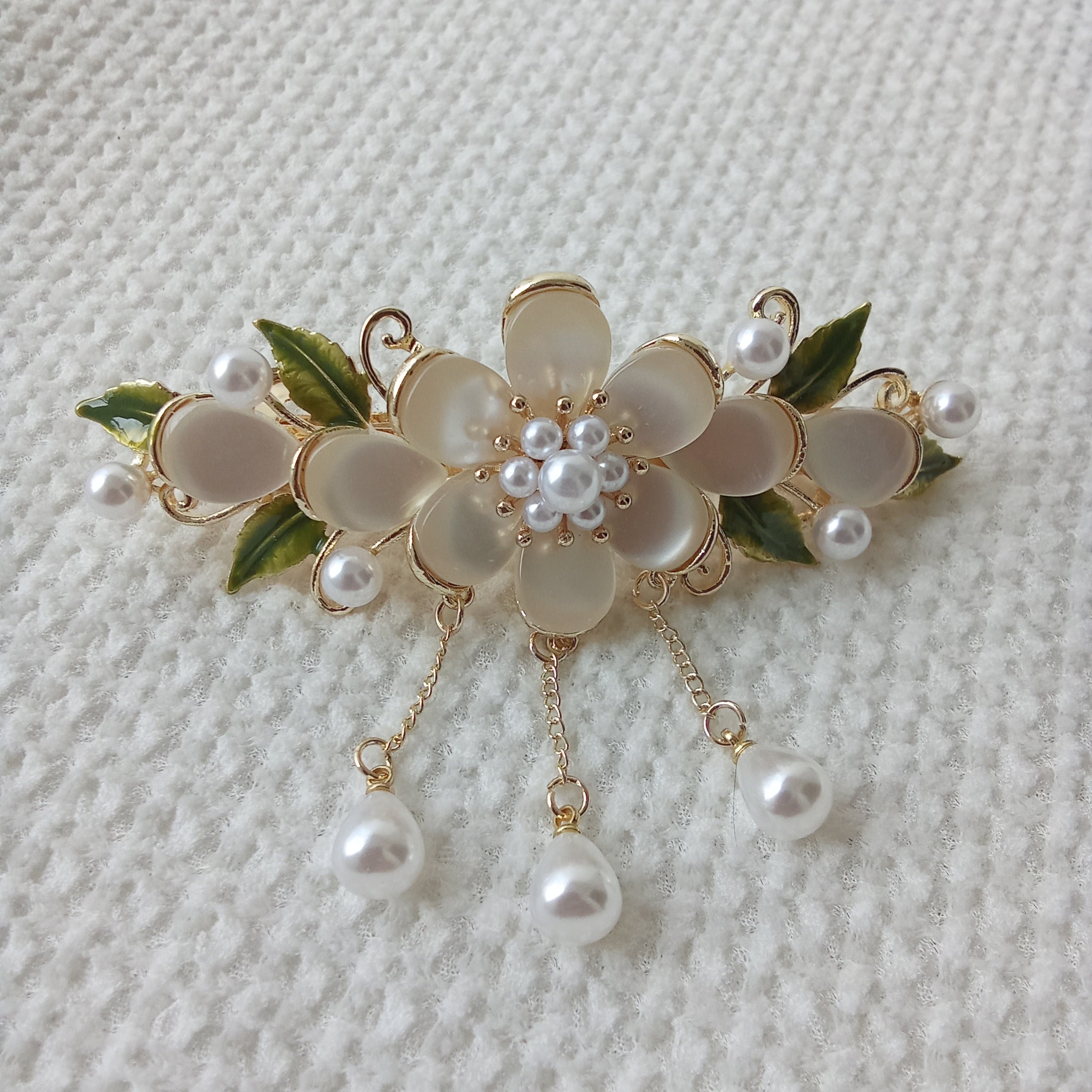 Gold-Tone Floral Hair Barrette with Cream Petals & Dangling White Pearls – Hair Clip.  decorative hair clip for weddings, parties, and everyday hairstyles.