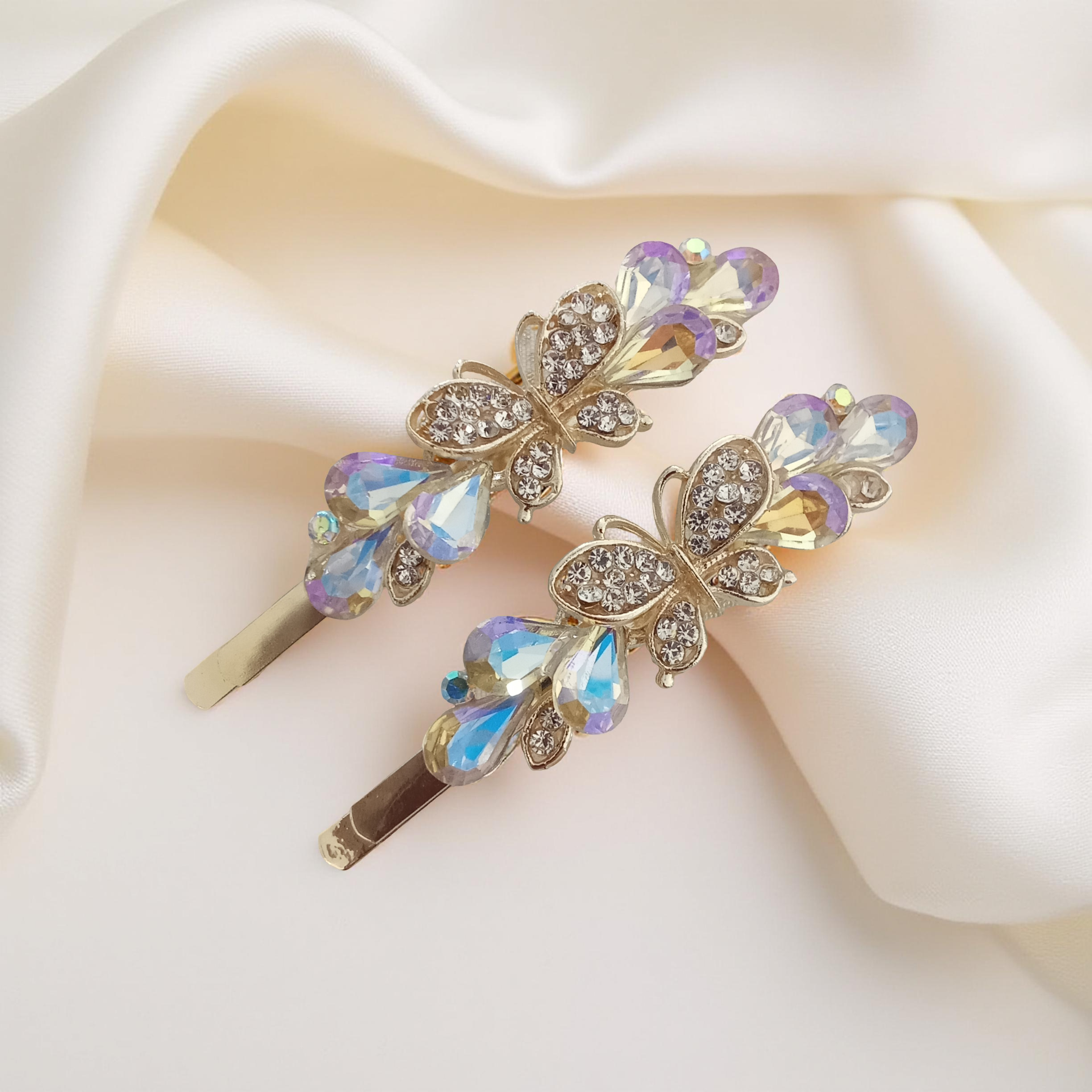 Gold-Tone Teardrop Stone & Crystal Butterfly Hair Pins - White