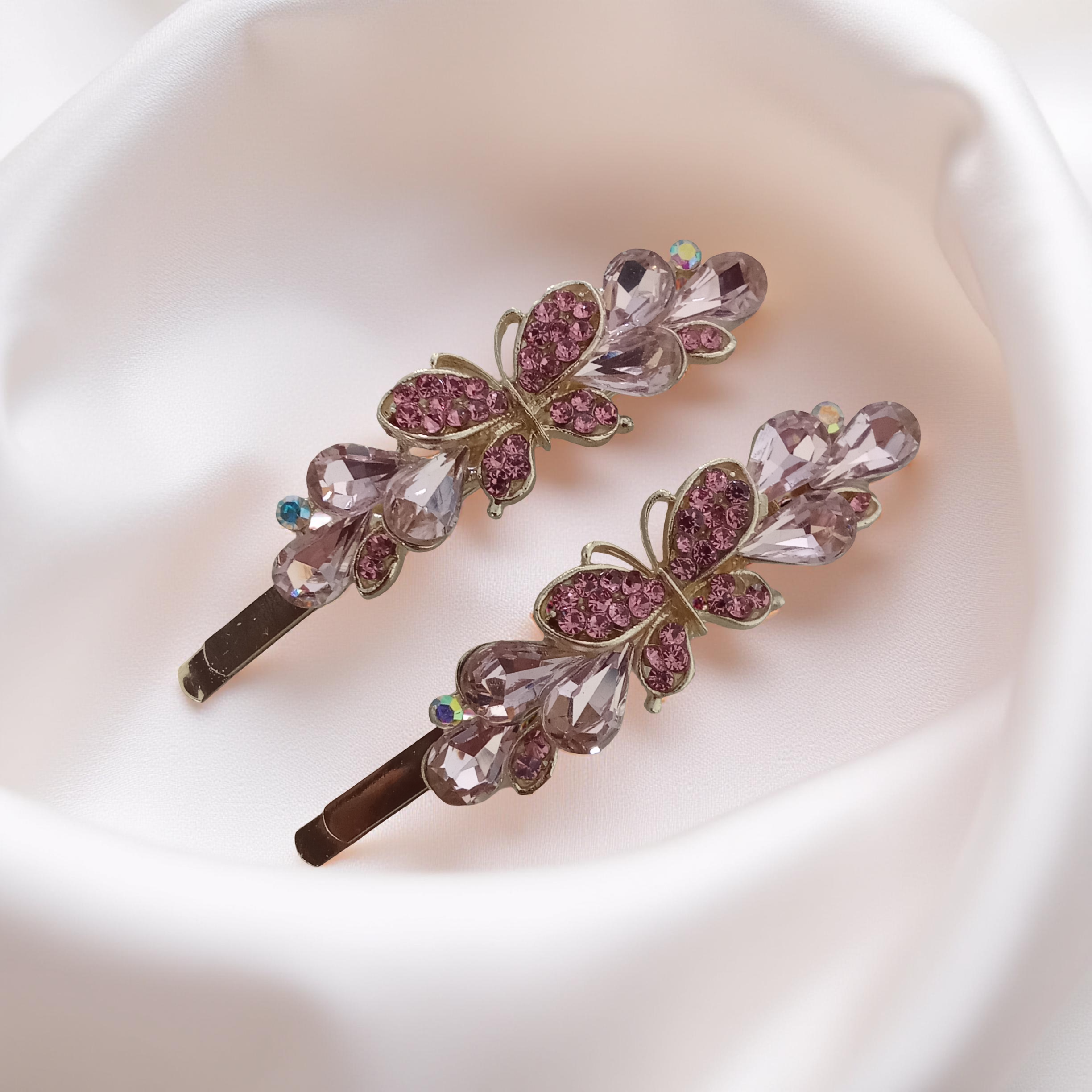 Gold-Tone Teardrop Stone & Crystal Butterfly Hair Pins - Pink