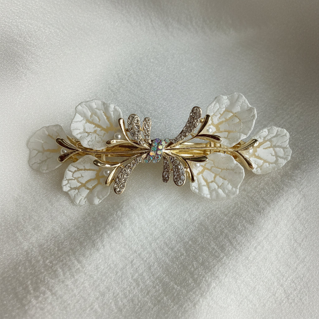 Gold-Tone White Leaf Hair Barrette with Crystals – Hair Clip