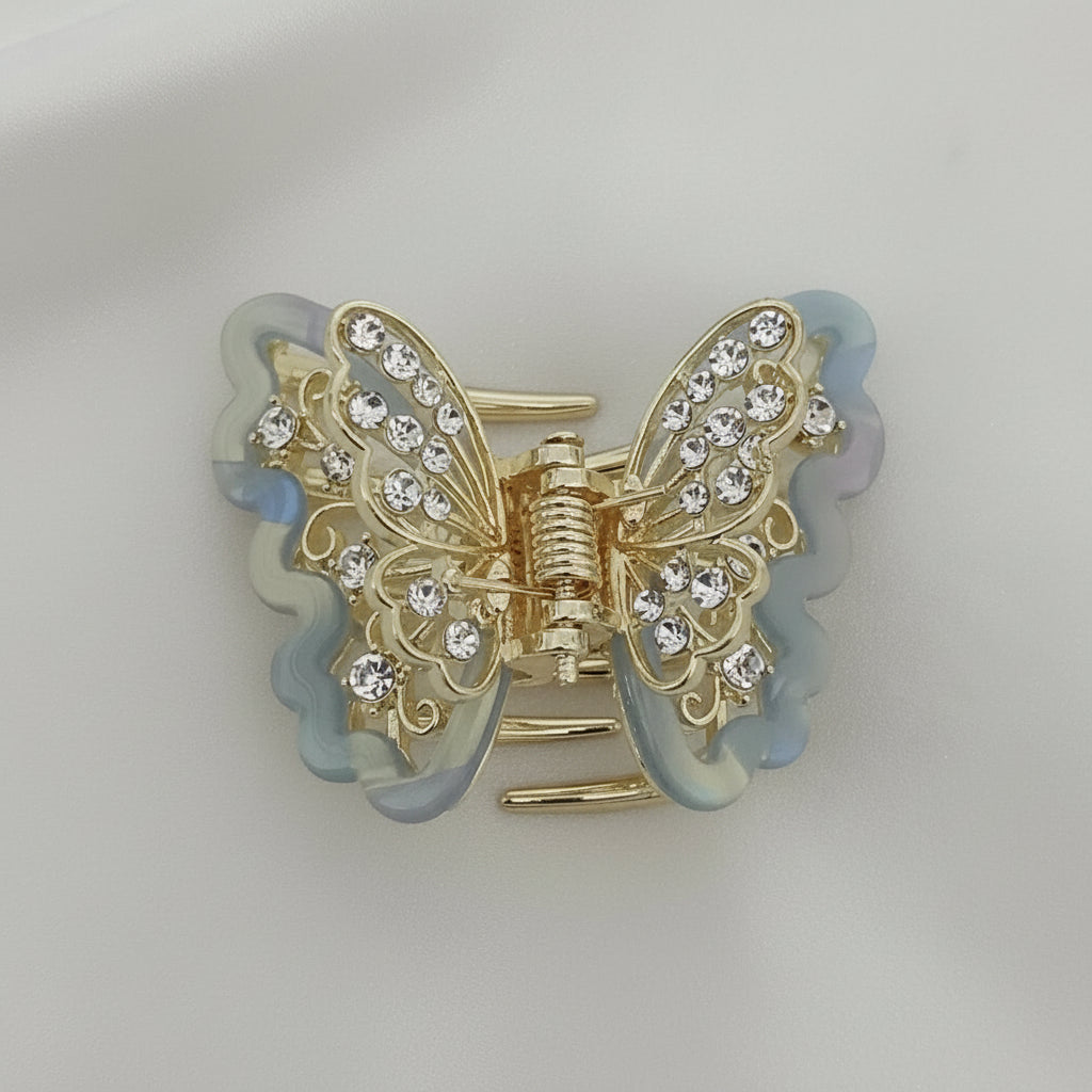 Gold-Tone Crystal Embellished Butterfly Hair Claw Clip – Blue