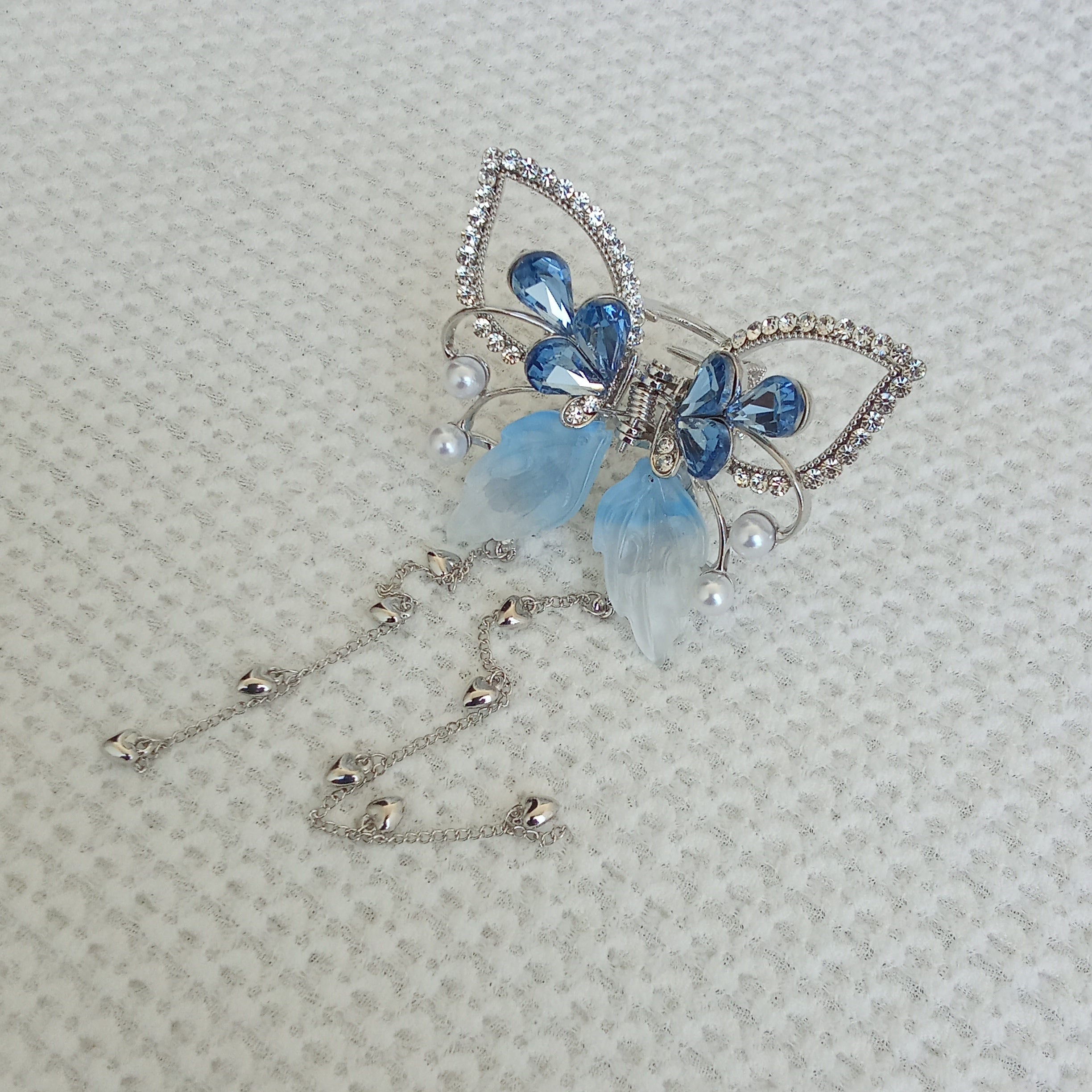 Silver-Tone Butterfly Hair Claw Clip with Blue Wings, White Pearls, Crystal Accents & Dangling Heart Chain