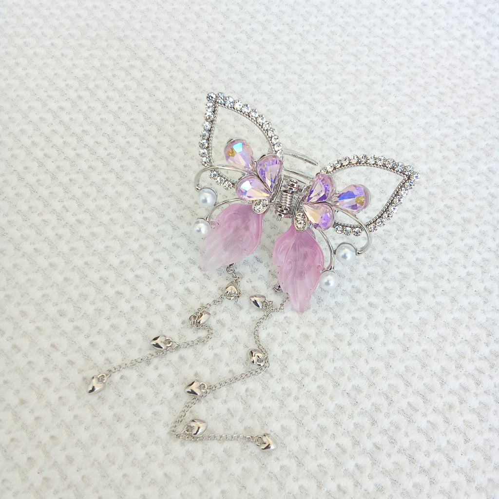 Silver-Tone Butterfly Hair Claw Clip with Pink Wings, White Pearls, Crystal Accents & Dangling Heart Chain by Ladylike Accoutre.