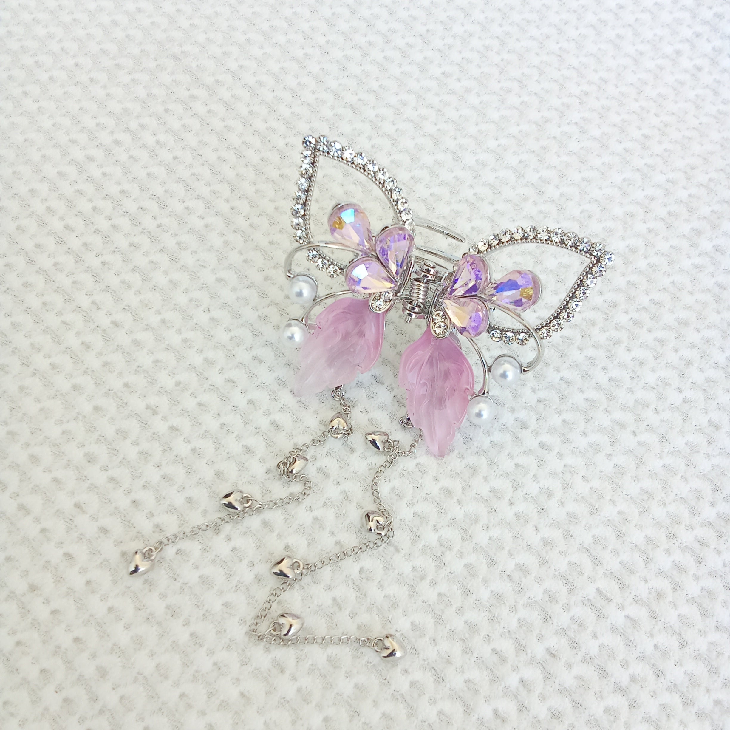 Silver-Tone Butterfly Hair Claw Clip with Pink Wings, White Pearls, Crystal Accents & Dangling Heart Chain by Ladylike Accoutre.