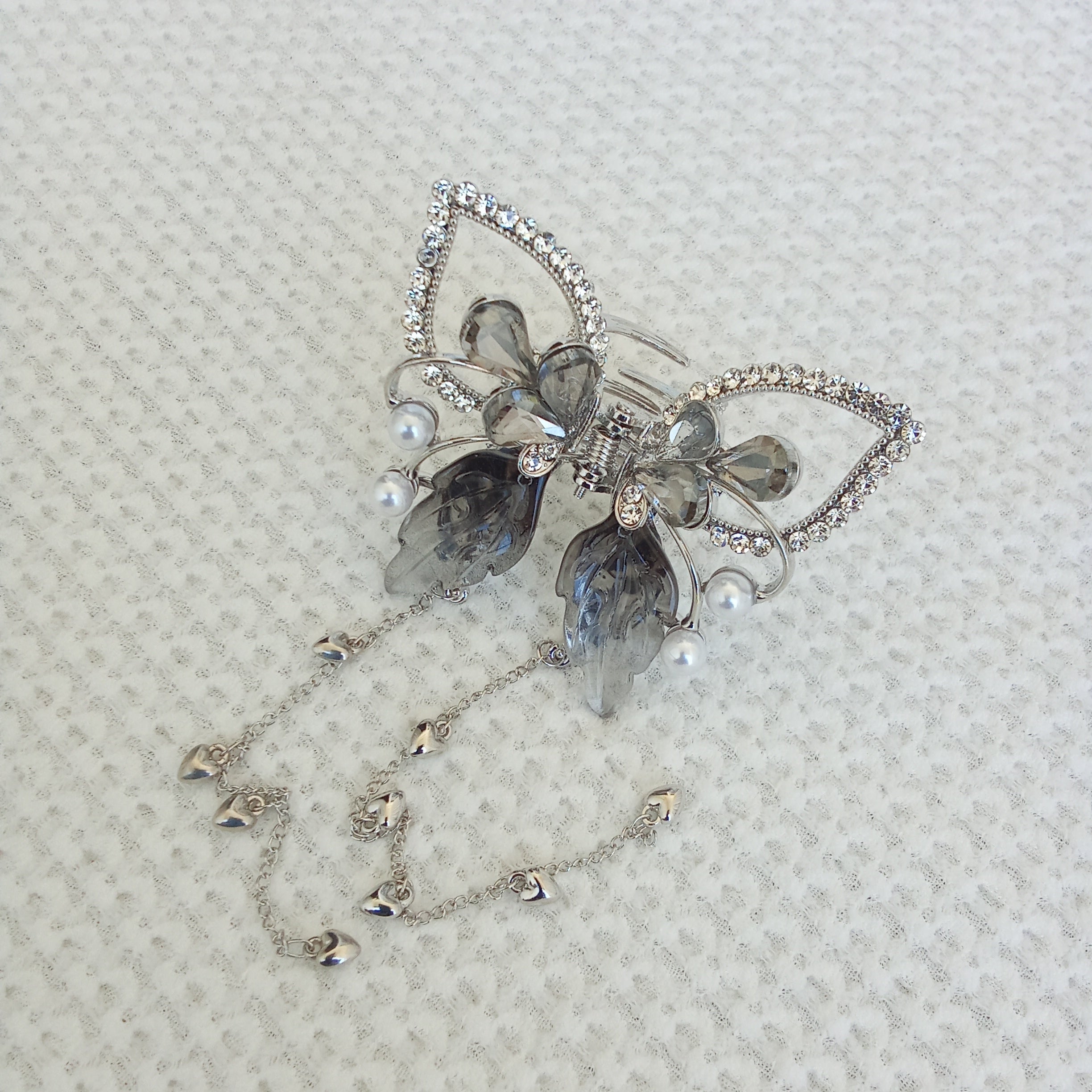 Silver-Tone Butterfly Hair Claw Clip with Black Wings, White Pearls, Crystal Accents & Dangling Heart Chain