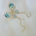 Gold-Tone Shimmering Butterfly with Dangling Pearls & Gold Chain - Hair Claw Clip - Aqua Blue