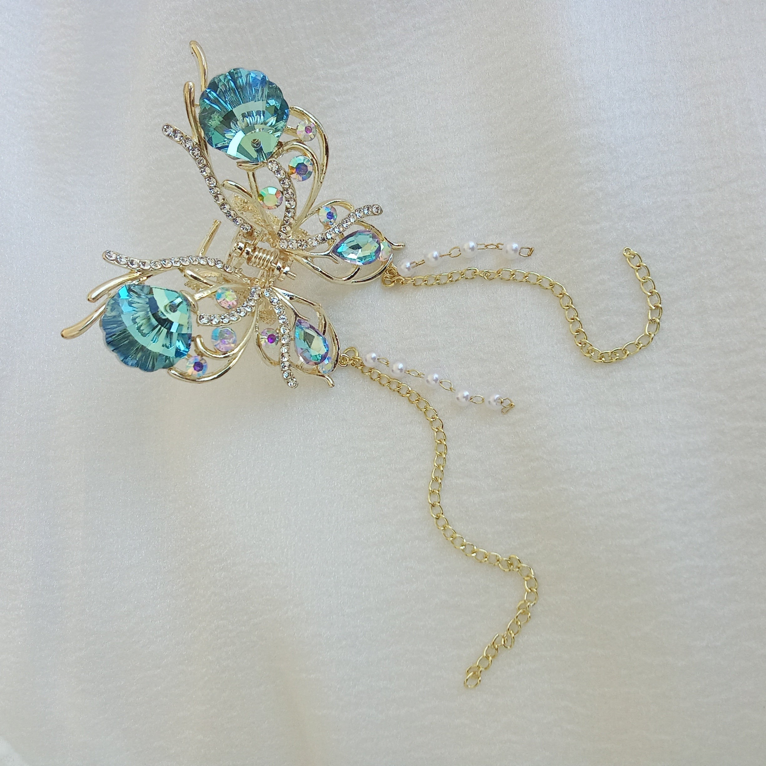 Gold-Tone Shimmering Butterfly with Dangling Pearls & Gold Chain - Hair Claw Clip - Aqua Blue