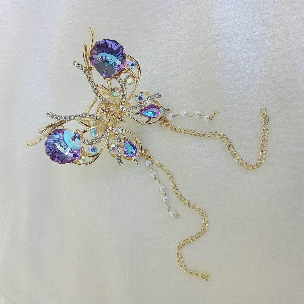 Gold-Tone Shimmering Butterfly with Dangling Pearls & Gold Chain - Hair Claw Clip - Purple